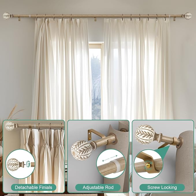 QDWIS Boho Wood Curtain Rods for Windows 66 to 120 inch, Rustic Decorative - Image 9