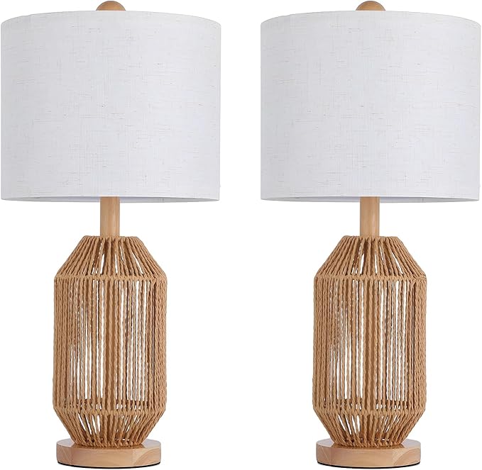 21" Boho Rattan Table Lamps Set of 2, Farmhouse Bedside Nightstand Lamps - Image 9