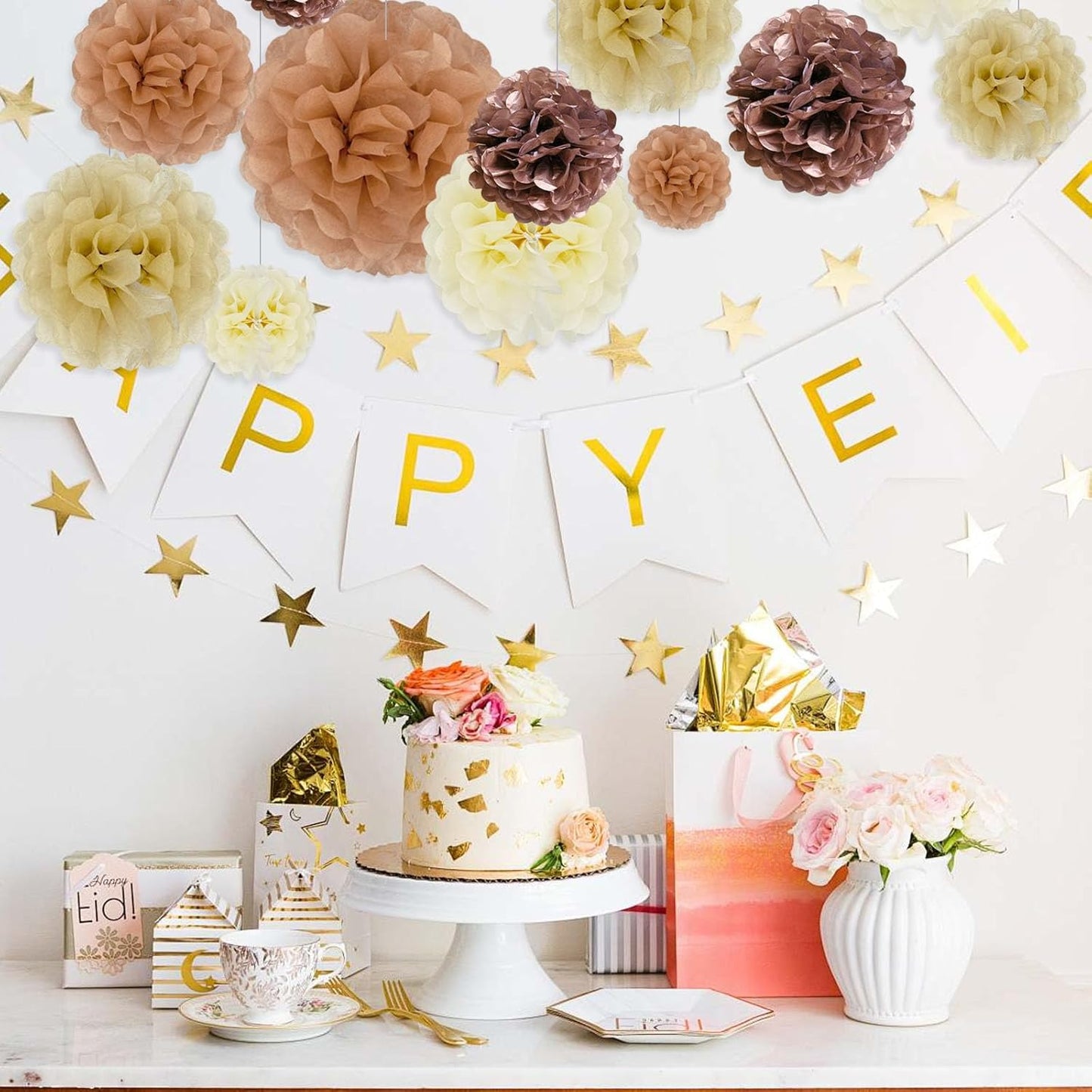 Tissue Paper Pom Poms, Ivory Khaki Rose Gold Nude Pink Tissue Paper Flowers, Hanging Flower Balls for Weddings Fiesta Parties Birthday Baby Showers Classroom Decoration (20Piece Set-6/10/12/14Inch)