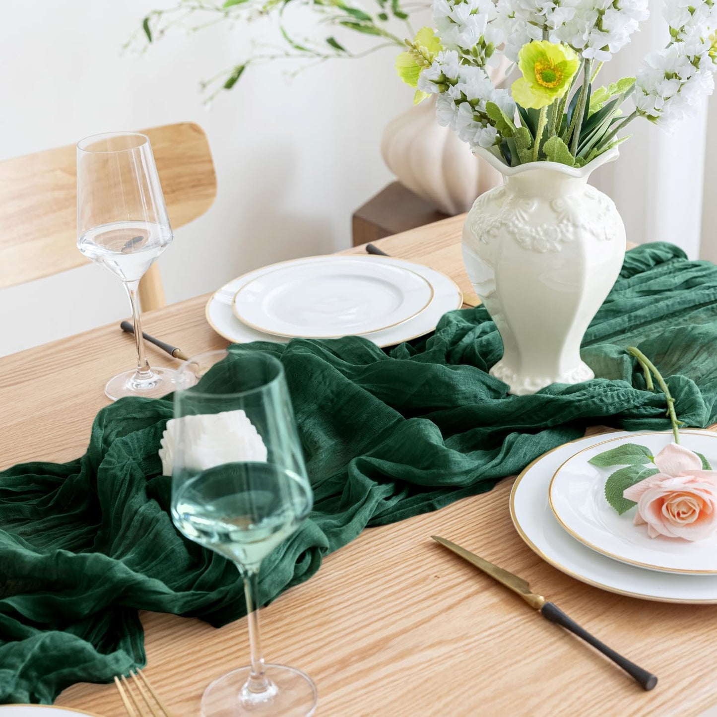 Asee'm Fall Table Runner Cheesecloth 10FT Emerald Green Boho Gauze Fabric Rustic Sheer Cheese Cloth Runners for Thanksgiving Wedding Bridal Shower Party Decoration