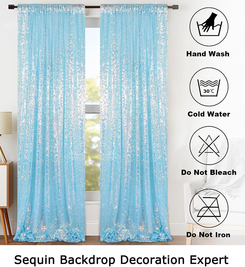 ShinyBeauty Iridescent Aqua Sequin Backdrop Curtain 5FTx10FT 2 Panels Photo Backdrops Blue Backdrop 10FT Sequin Fabric Curtains Christmas Studio Birthday Party Backgrounds