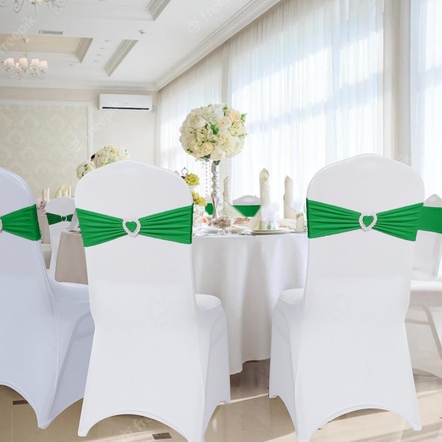 Howhic Pack of 120 Spandex Chair Sashes Bows Stretch Chair Cover Band with Buckle Slider Universal Elastic Chair Ties for Wedding Banquet Party Event Decoration (Emerald)