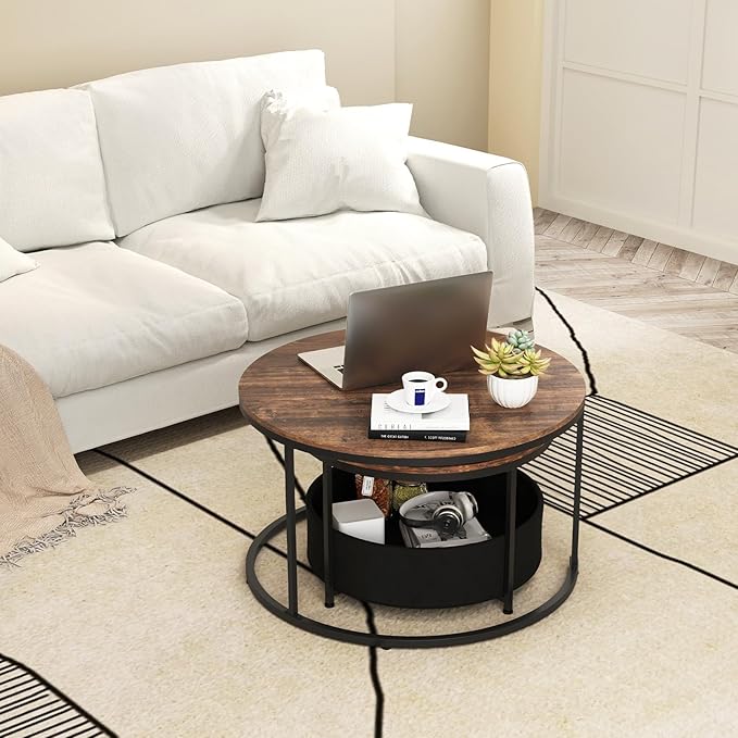 Tangkula Round Nesting Coffee Table Set of 2, Wooden Center End Table - Image 8