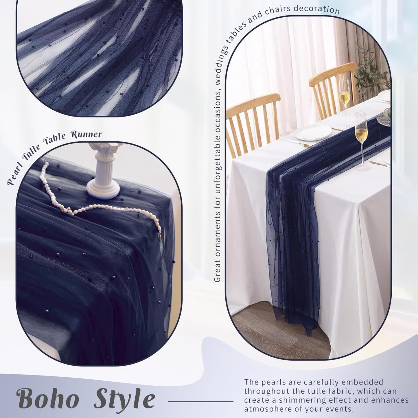 Set of 6 Pearl Table Runner 29 x 120 Inch Tulle Fabric Lace Table Runners Boho Rustic Tablecloth for Bridal Shower Birthday Party Wedding Arch Aisle Veil Dessert Table Decor(Navy Blue)