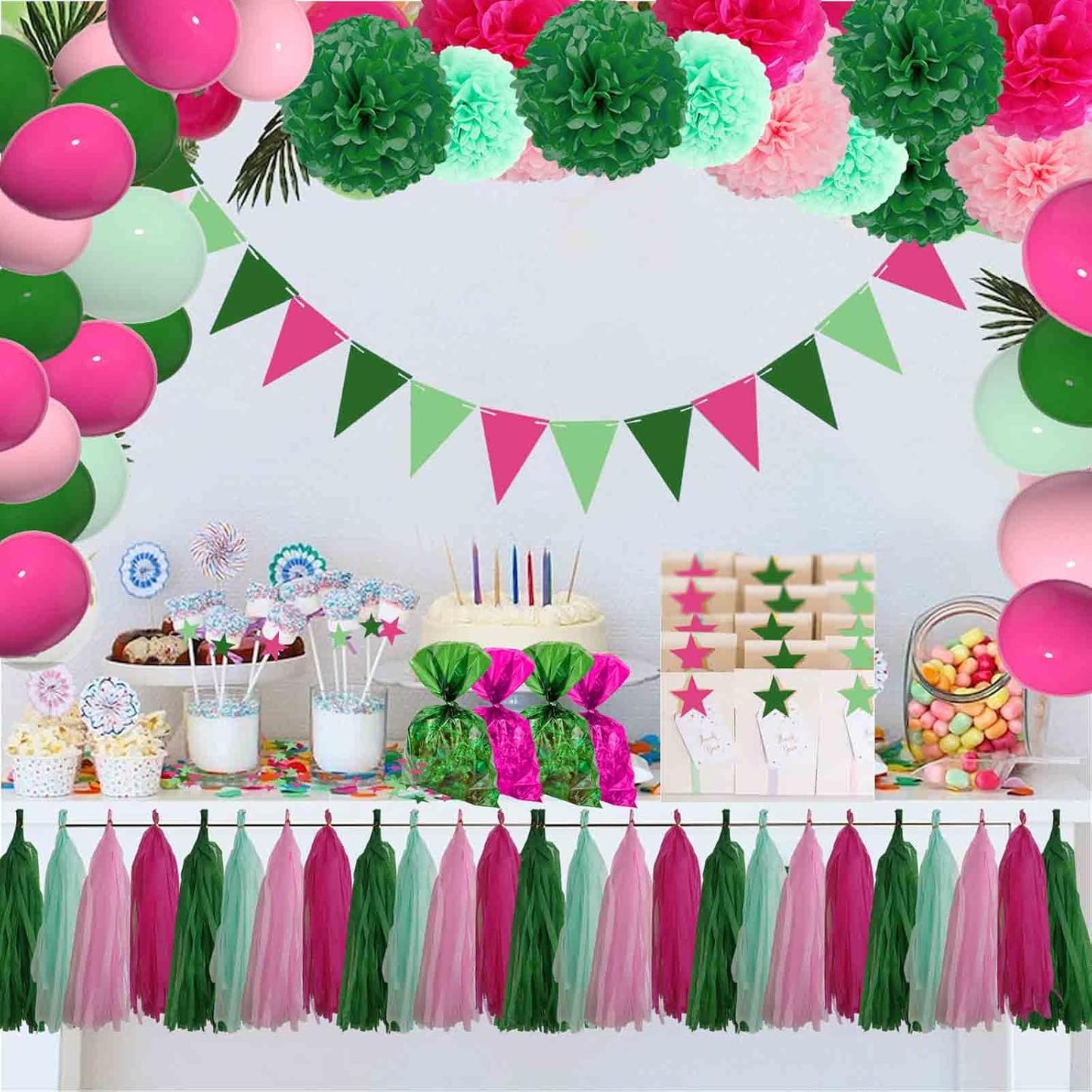 Green Pink Tassel Garland Tissue Paper Tassel Banner, Table Decor, Party Decorations for Hawaiian Neutral Birthday Wedding Bridal, DIY Kits, Pack of 15