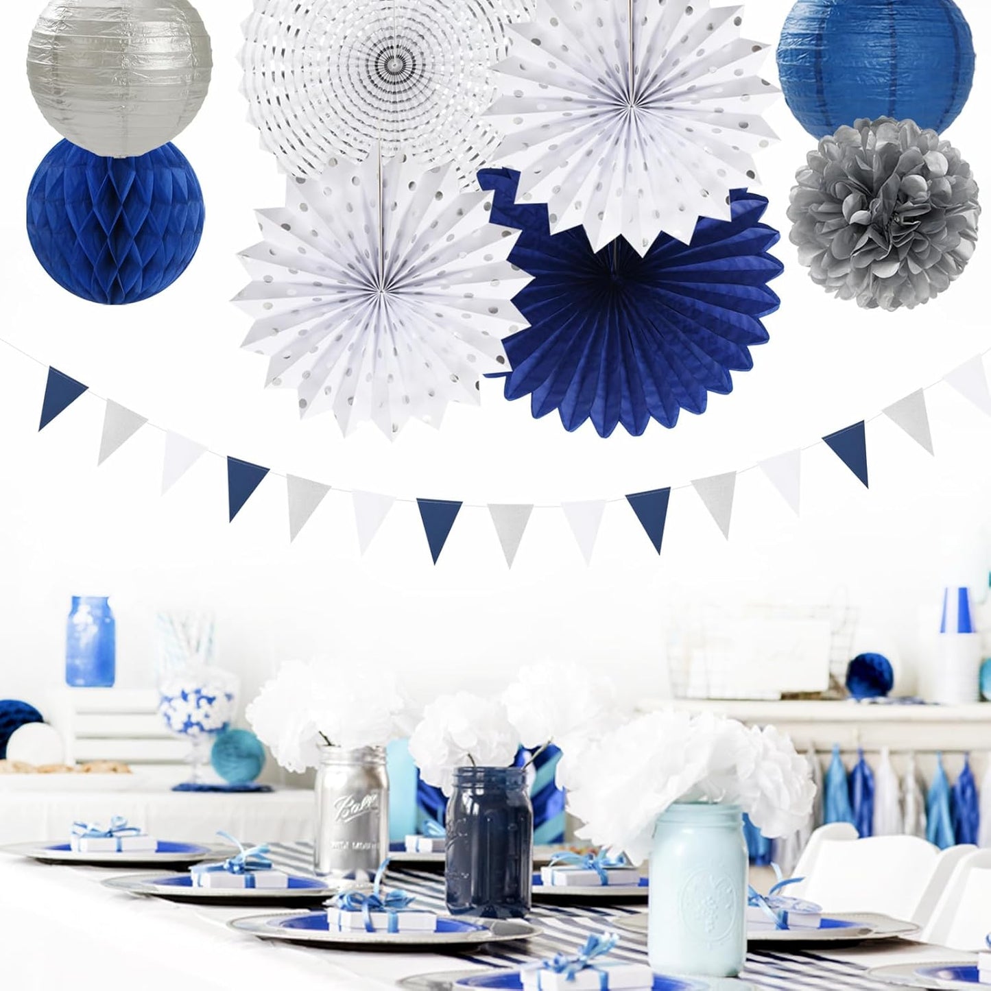 Navy-Blue White Silver Party-Decorations - 20pcs Graduation Paper Lanterns Fans,Tissue Pom Poms,Honeycomb Balls,Bunting,Birthday Bridal Bachelorette Christmas Baby Shower Wedding Decor Burgleda