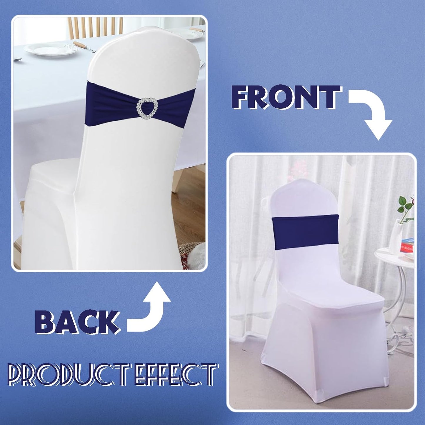 100PCS Spandex Stretch Navy Blue Chair Sashes Bows Universal Elastic Chair Cover Bands Ties with Buckle Slider for Wedding Party Ceremony Reception Event Banquet Decoration(Navy Blue)