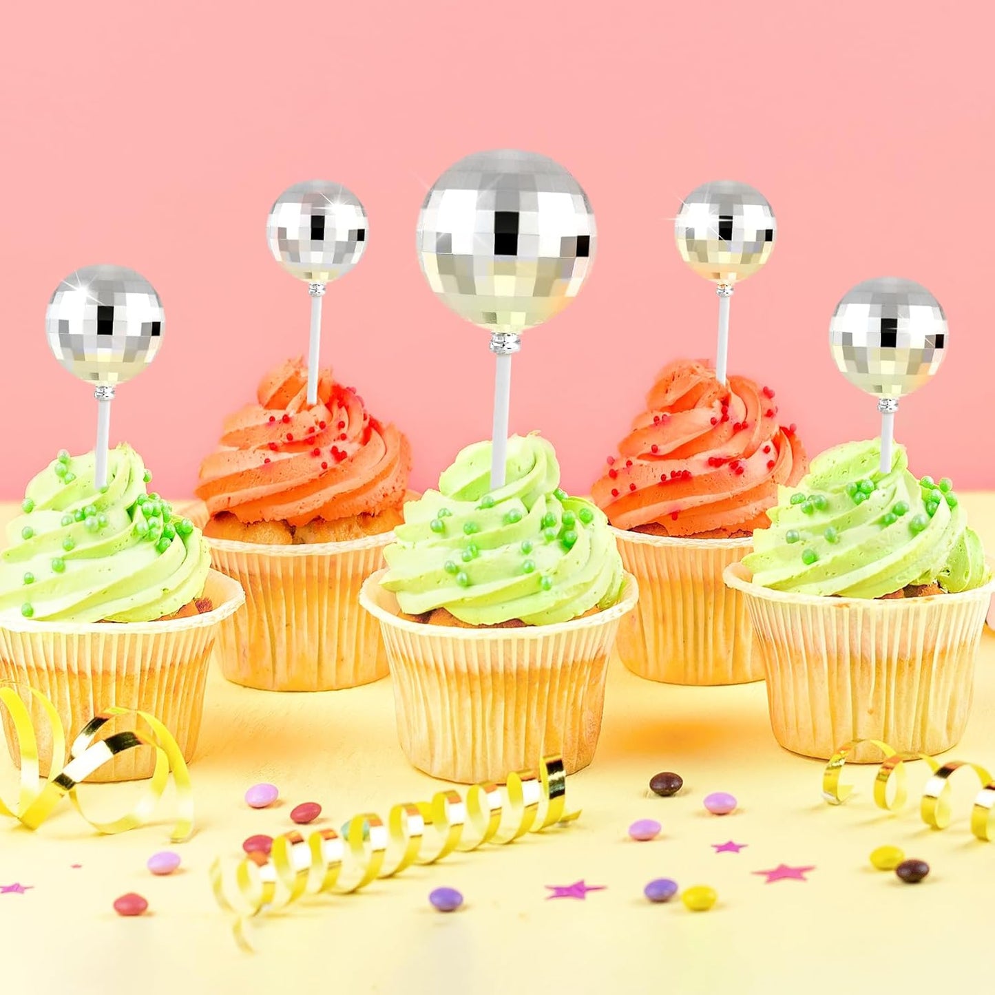 ASTARON 20 Pcs Disco Ball Cake Topper Decorations Sticks Silver Cake Balls Picks Toppers for Birthday Anniversary Disco Retired Theme Party Decorations