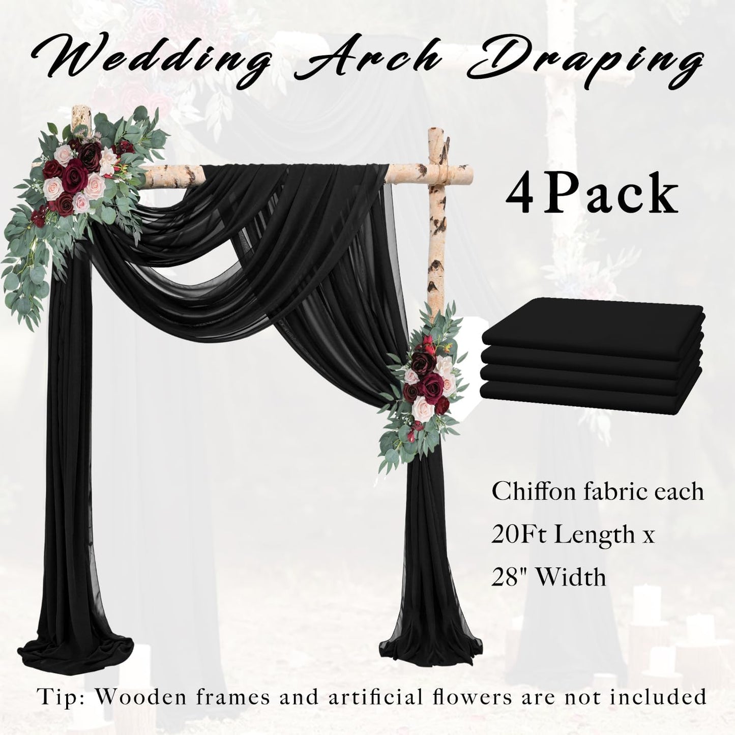 20Ft Length x 28" Width 4 Panels Wedding Arch Draping Fabric Black Arch Drapes Chiffon Fabric Sheer Curtains Backdrop for Party Decor Wedding Bridal Ceremony Ceiling Stage Reception Decorations