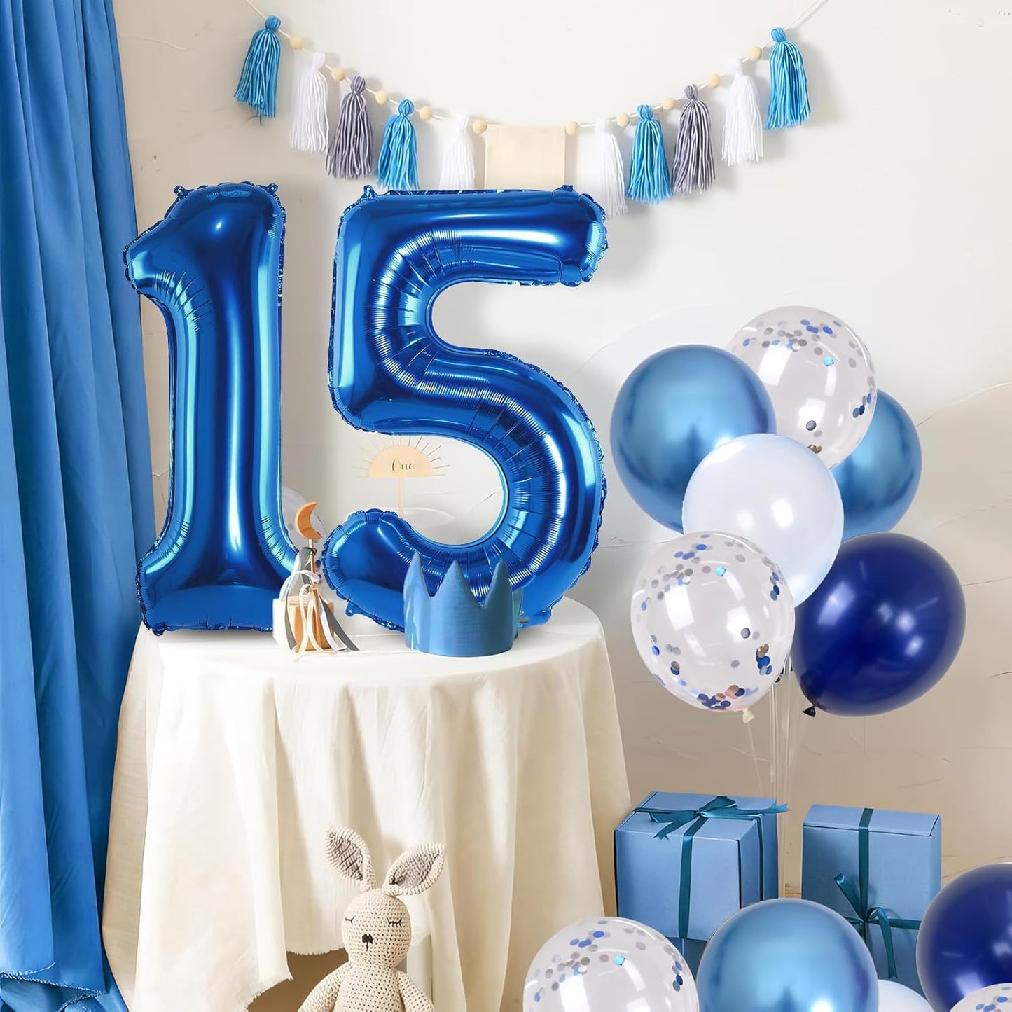 15th Birthday Balloon for Boys, Foil 40 Inch Self Inflating Number 15 Metallic Dark Blue, Navy Blue Mylar Large Balloon with Silver Confetti Latex for Men Birthday Party Decorations