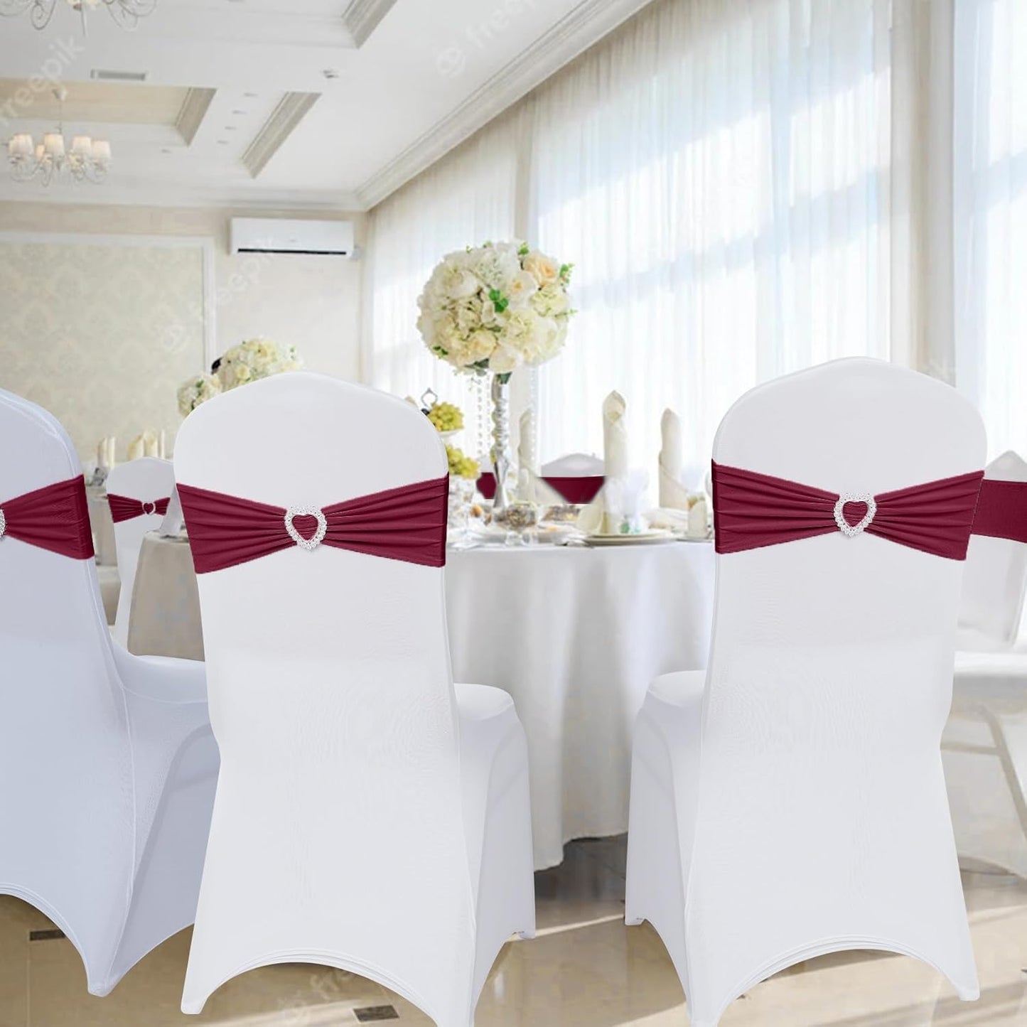 Howhic Pack of 30 Spandex Chair Sashes Bows Stretch Chair Cover Band with Buckle Slider Universal Elastic Chair Ties for Wedding Banquet Party Event Decoration (Burgundy)
