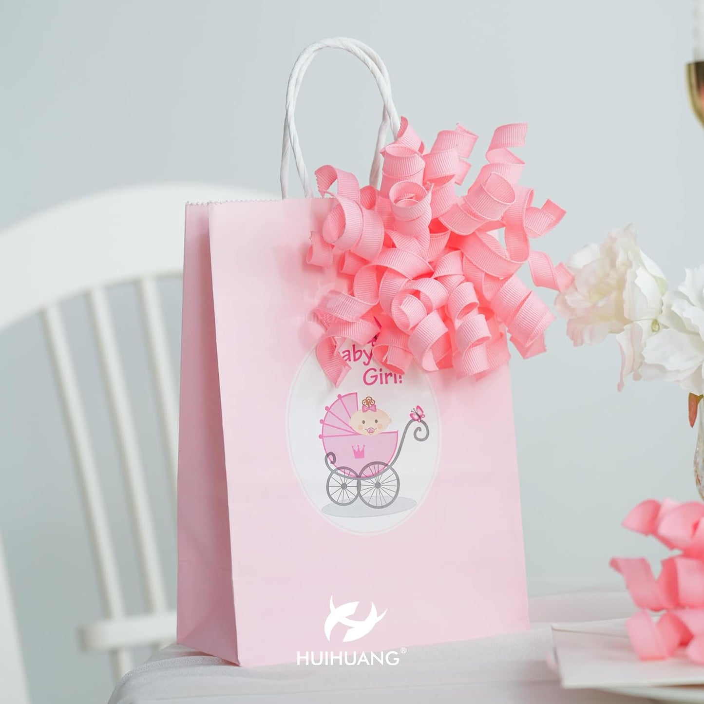 HUIHUANG Pink Bows for Gift Wrapping, Pink Curly Ribbon Bows Self Adhesive Burst Gift Bow for Presents, Wine Bottle, Treat Bags, Wrap Accessories, Bridal Shower Wedding Party Favor - 6 Counts