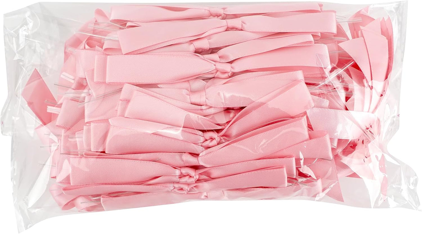 50 PCs Pink Bow 5 Inch Long Tail Bows for Gift Wrapping, Easter Bow Party Decorations, Twist Tie Bows, Satin Bows for Crafts, Premade Bows for Presents, Treat Bags, Bottles, Cakes