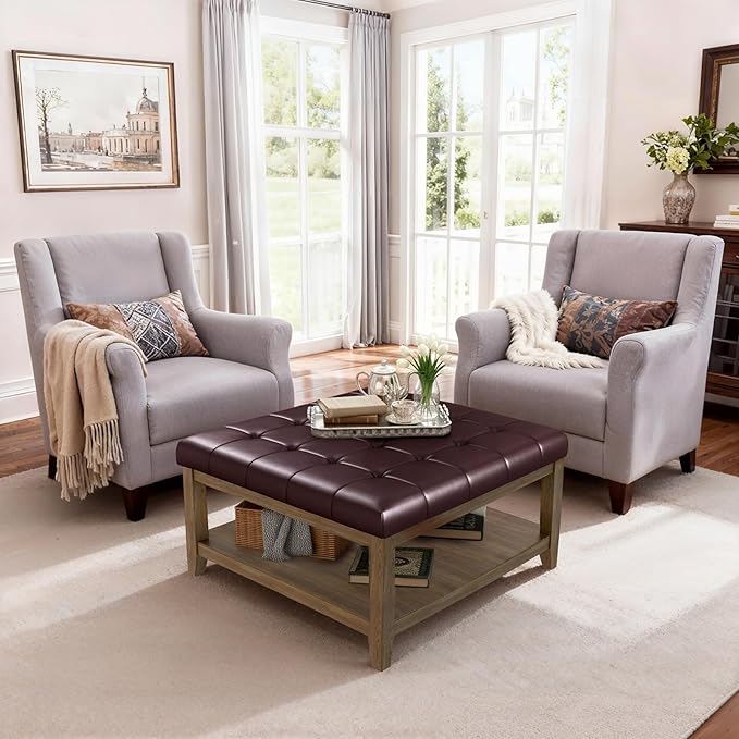 ABHENG 31.5” Large Square Storage Ottoman, Upholstery Solid Rubberwood Coffee - Image 8