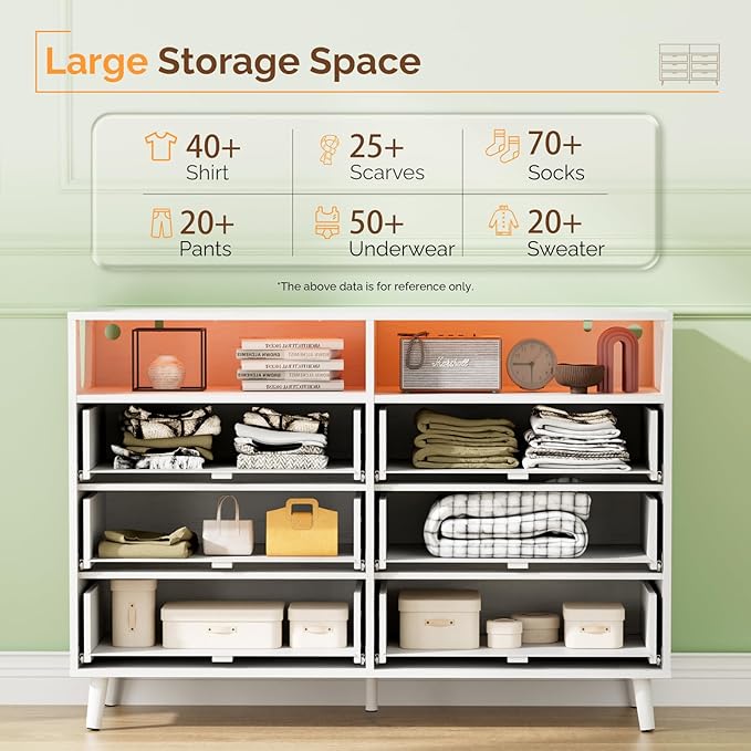 VINGLI Fluted White Dresser, Led Dresser 6 Drawer - Image 9