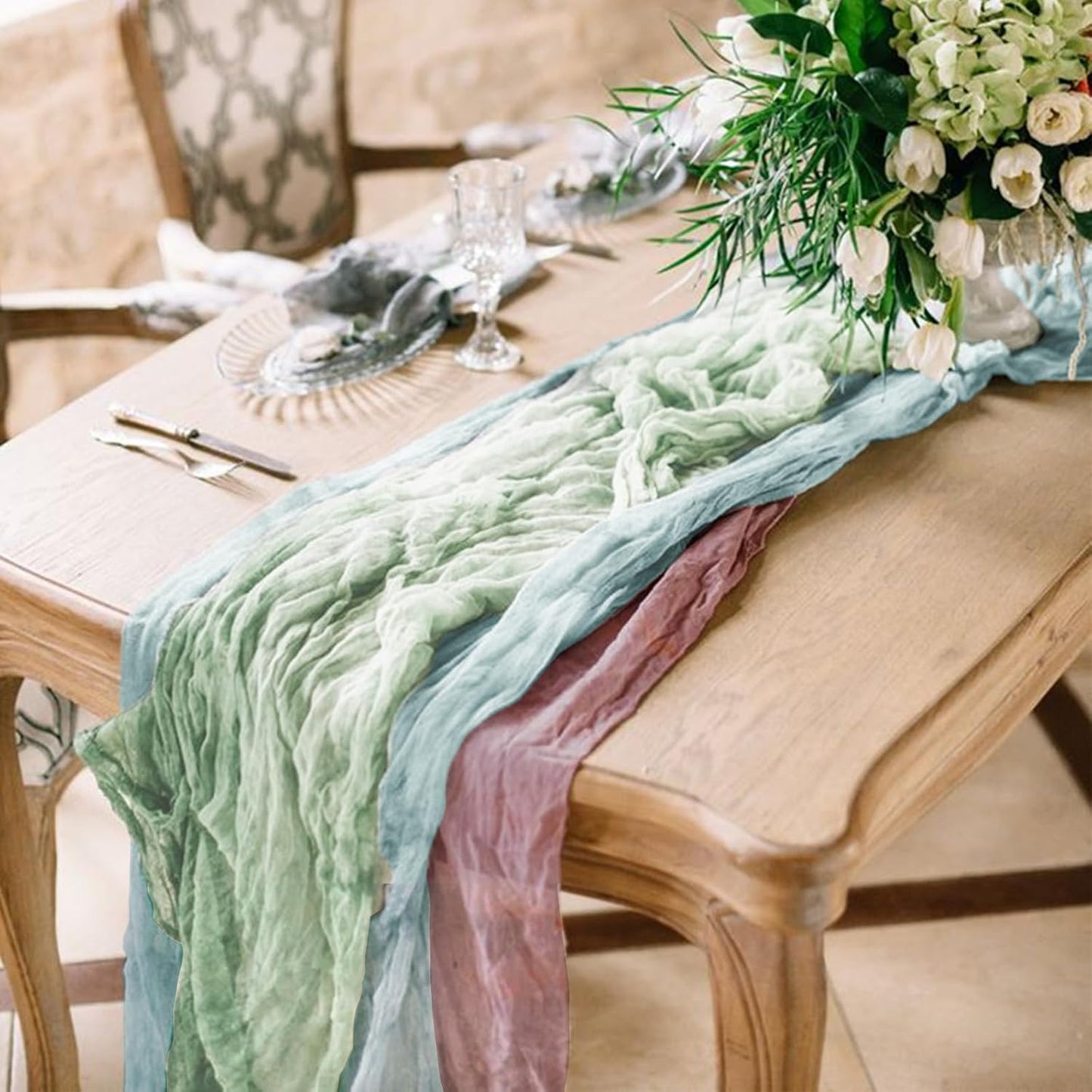Hahuho Sage Green Cheesecloth Table Runner 10ft, Gauze Boho Rustic Table Runners for Wedding Birthday Party Baby Shower Decorations(1 Pack , 35x120 Inches)