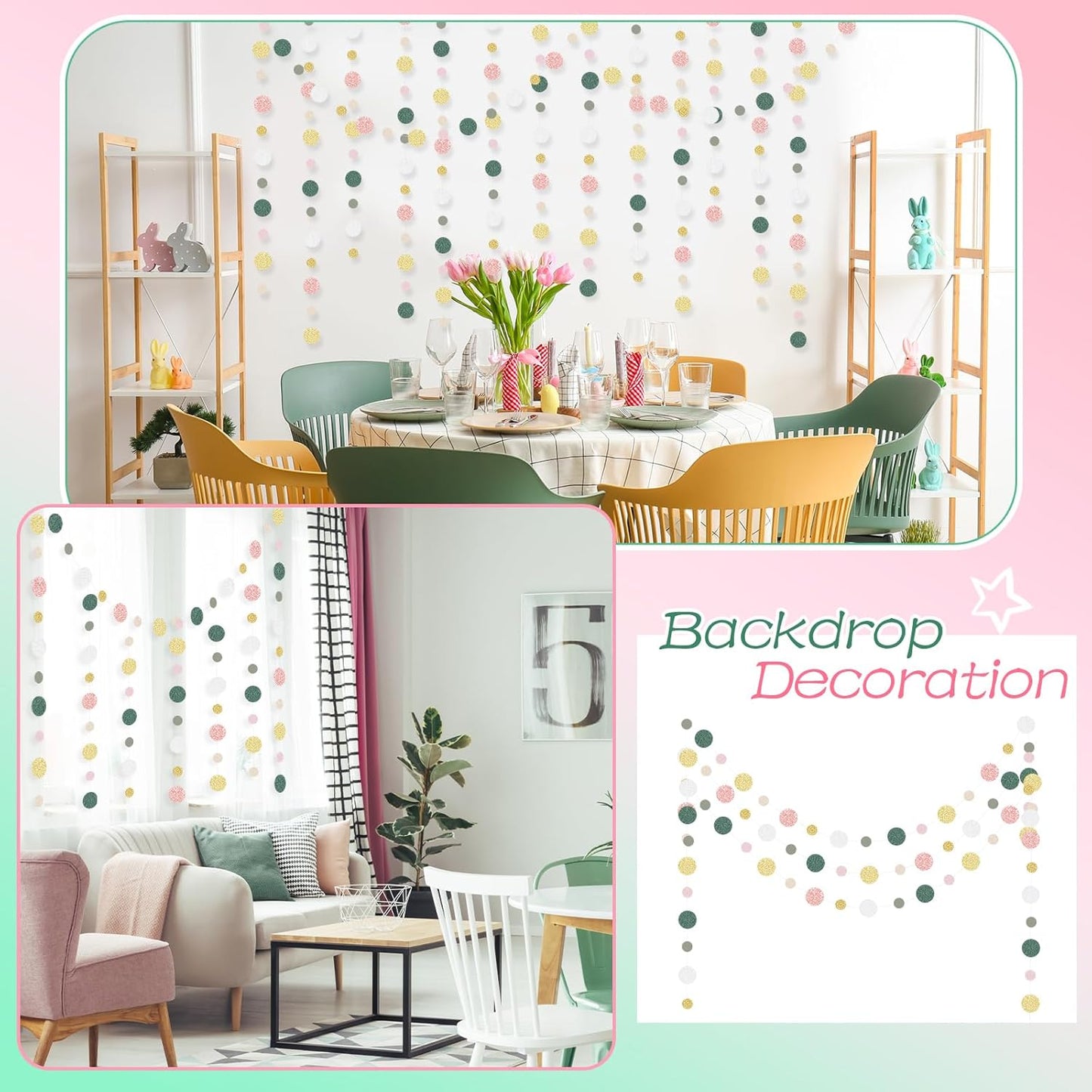 Outus 10 Pieces Colorful Dots Paper Garland Round Glitter Garland Hanging Confetti Streamers Backdrop for Candy Birthday Classroom Halloween Trunk or Treat Car Decoration (Sage Green,Pink,Gold)