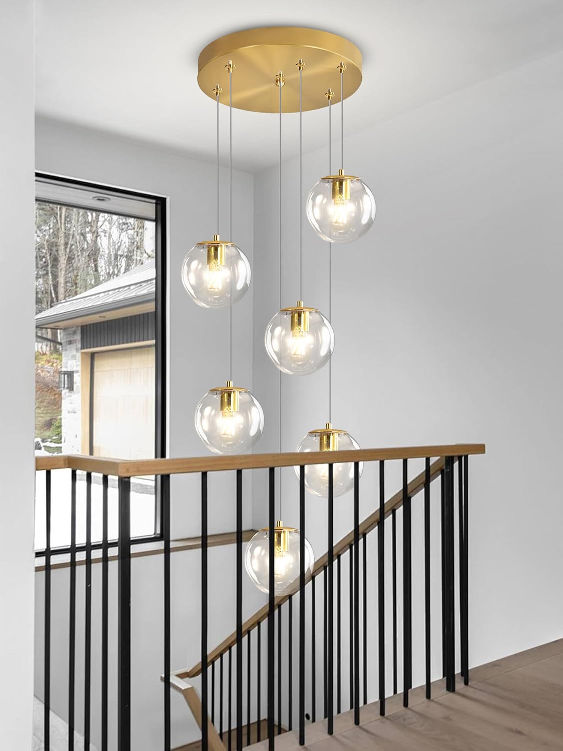 H 87in Modern Glass Globe Chandelier 6-Lights Pendant Light for Staircase Mid Century Globe Chandelier Clear Glass Hanging Lighting for Living Room Bedroom Entryway