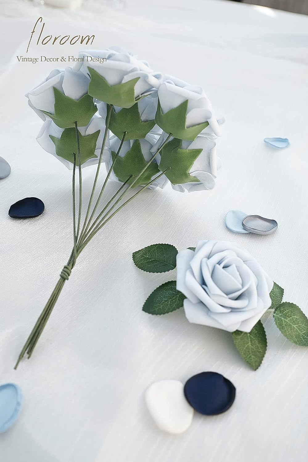 Floroom Artificial Flowers 25pcs Real Looking Powder Blue Foam Fake Roses with Stems for DIY Wedding Bouquets Bridal Shower Centerpieces Floral Arrangements Party Tables Home Decorations