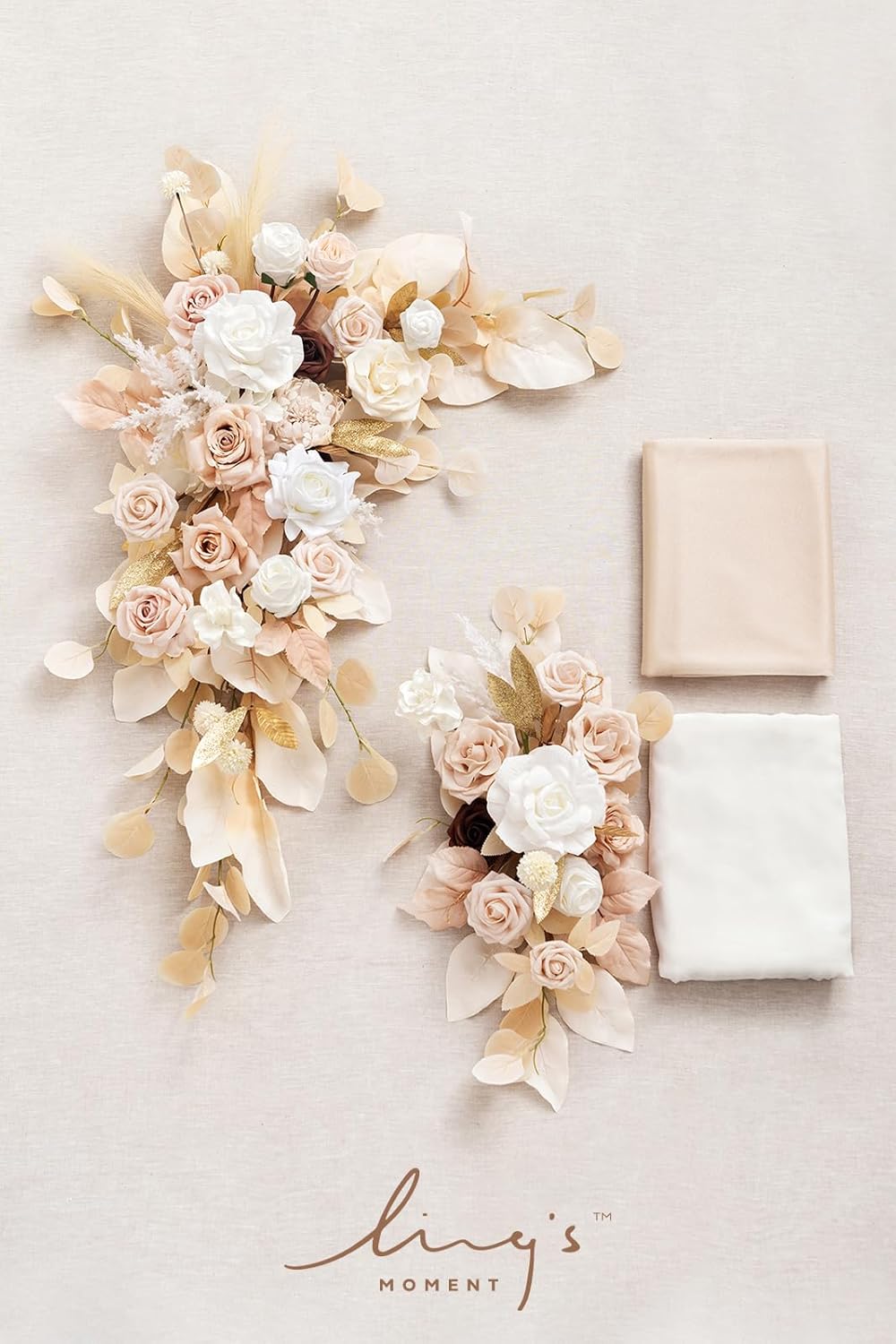 Ling's moment Spring Wedding Arch Flowers Kit Pack of 4, 2pcs Hanging Flower Arrangement 2pcs Chiffon Drapes Ceremony Fake Rose Arbor Backdrop Artificial Floral Outdoor Decorations, White Beige