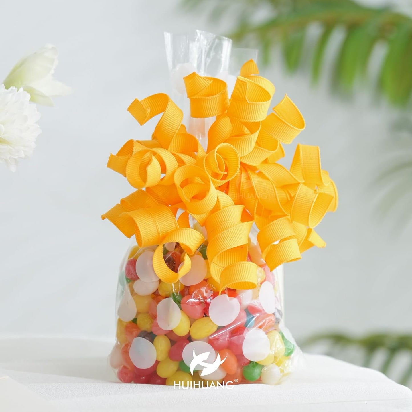 HUIHUANG Yellow Curly Ribbon Bows for Gift Wrapping, Yellow Gift Bows Self Adhesive Burst Gift Bows for Present Box, Wine Bottle, Treat Bags, Wrap Accessories, Party Favor - 6 Counts