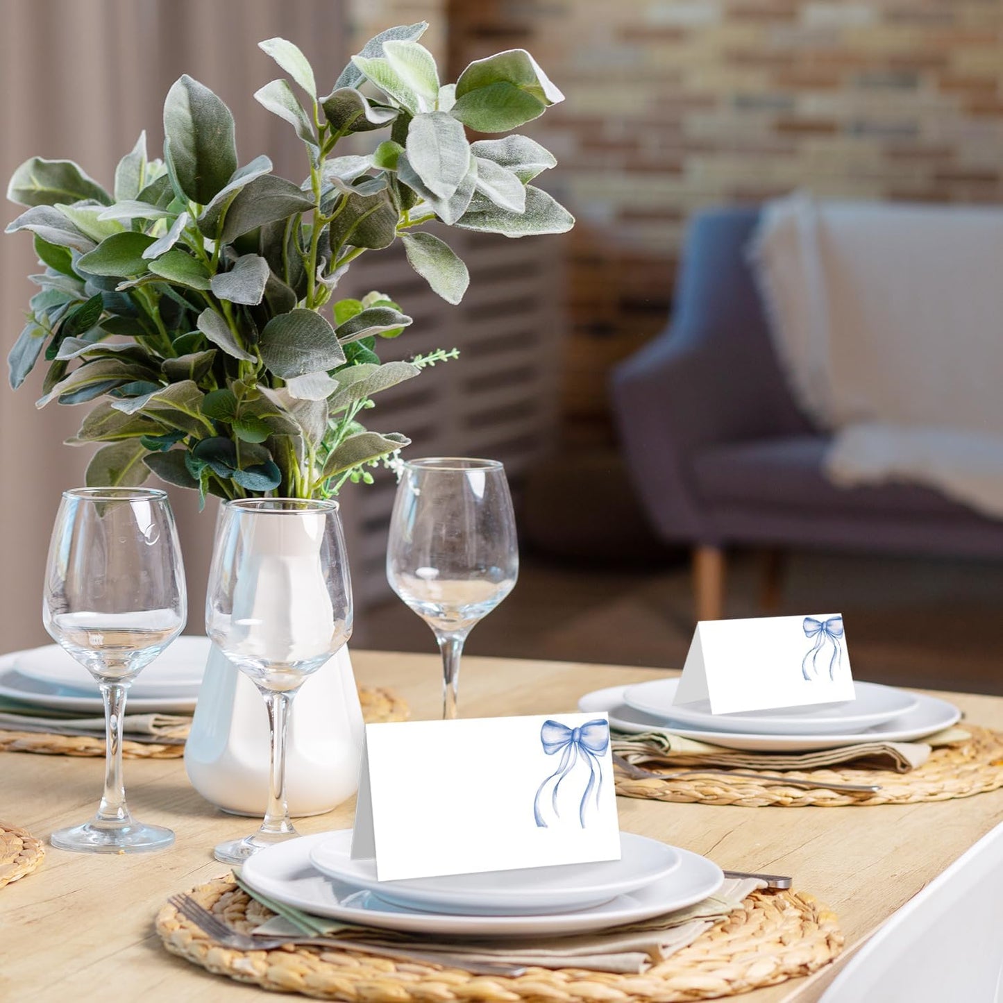 25 Pack Blue Bow Place Cards, Editable Name Cards for Table Setting, Watercolor Tent Cards Food Label for Dinner Party, Bridal Shower, Wedding, Baby Shower and Events -T32