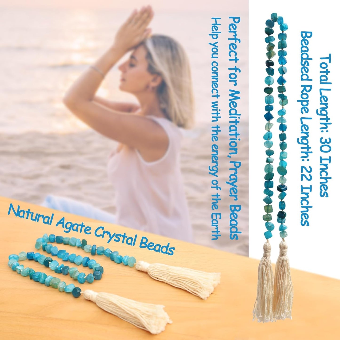 Agate Stone Hand Knotted Garland Modern Farmhouse Rustic Table Home Decor, 30inch Meditation Accessories with Tassel, Prayer Healing Beads Boho Wall Shelf Hanging Decoration (Sky Blue)