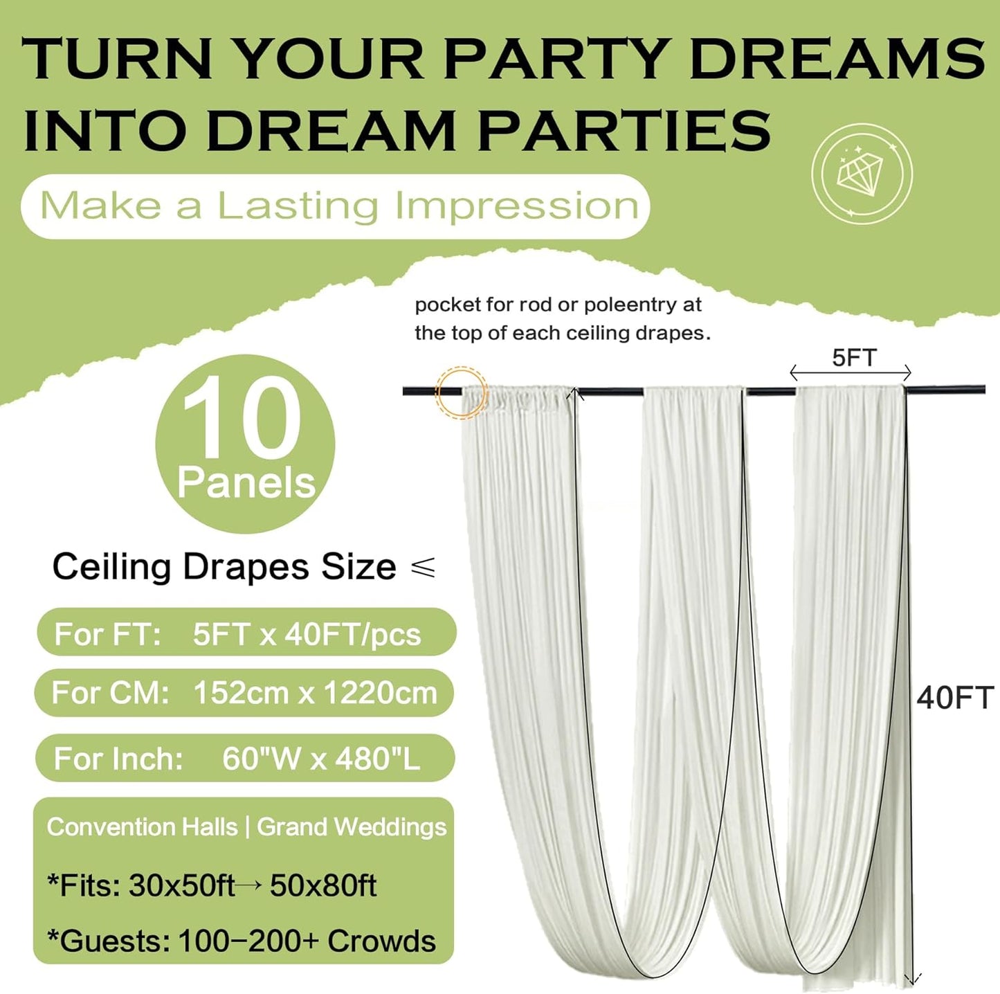 PartyVillage 50ftx40ft Ivory Ceiling Curtain for Wedding Parties – 10 Panels Wrinkle-Free 40 FT Long Tent Draping Curtains for Wedding, Birthday & Theme Parties, 40ft Height with Rod Pocket