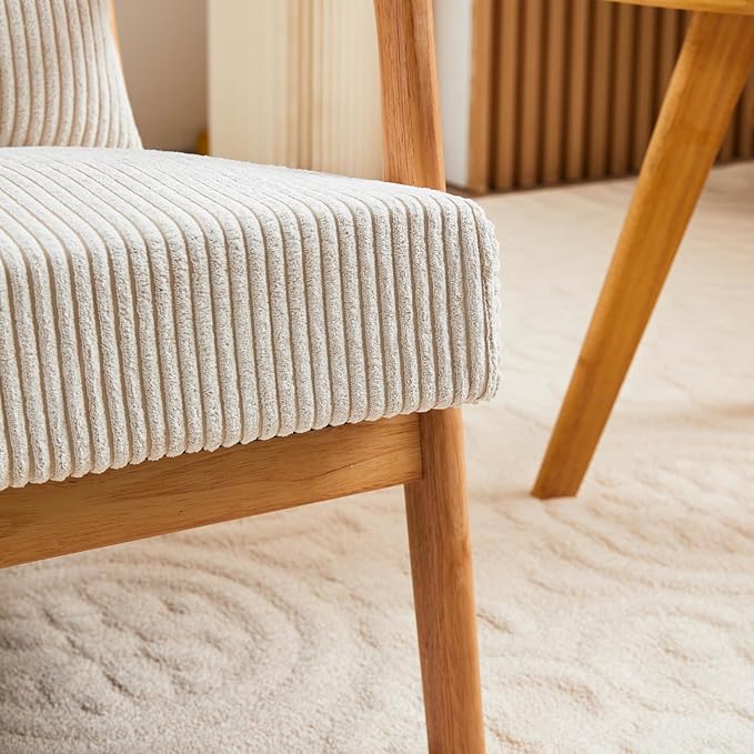 Mid-Century Modern Accent Chair Beige Rubberwood Frame Living Room Bedroom - Image 9