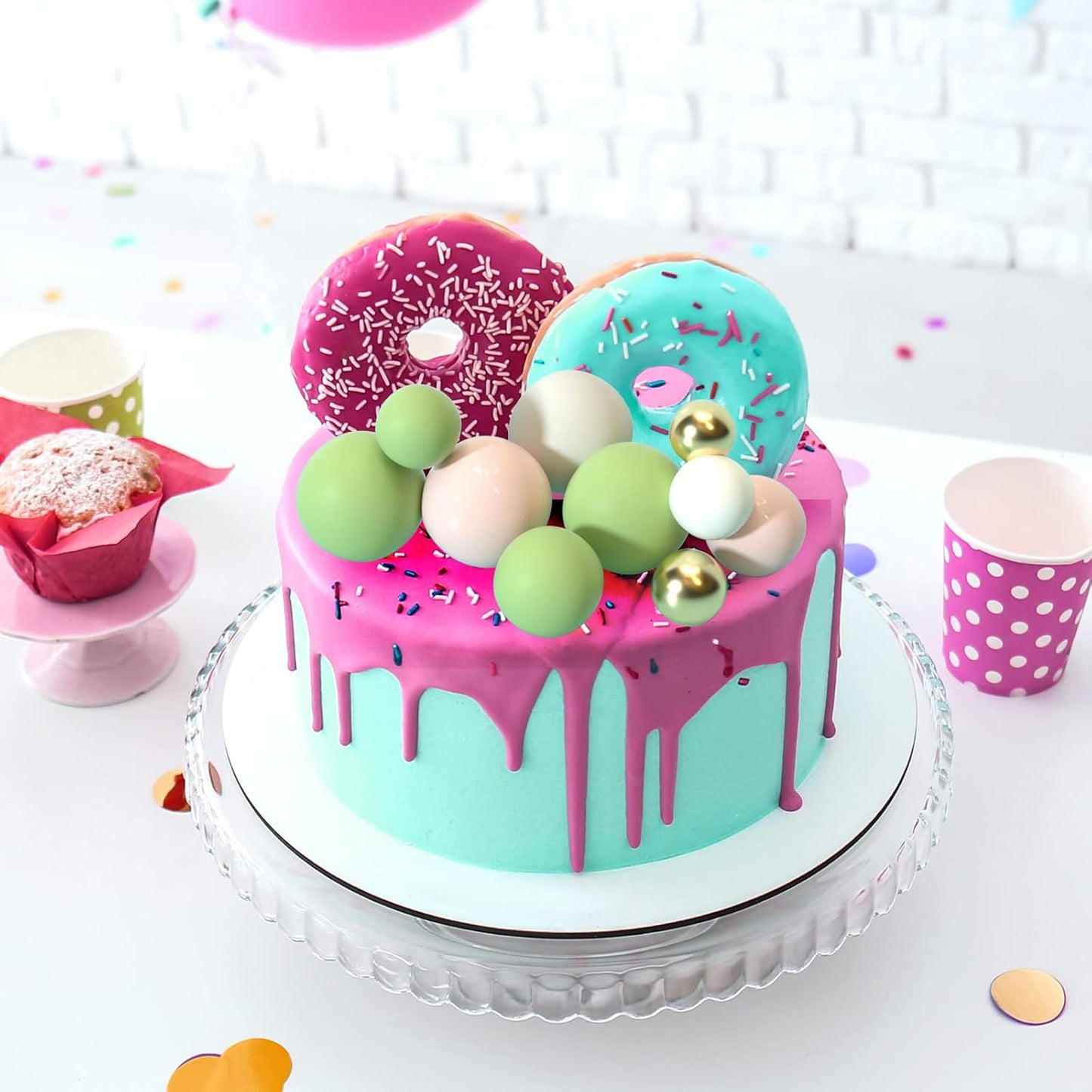 ASTARON Ball Cake Topper, 32 Pcs Foam & Wire Decorations, Mini Balloons Cake Topper Sticks, 4 Colors & Sizes for Wedding Party Birthday Cake Decorating