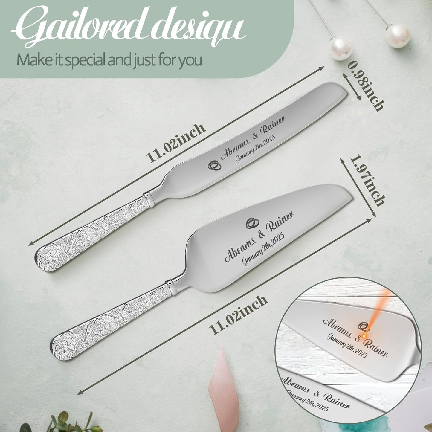 HJX Personalized Wedding Cake Knife and Server Set - Custom Name Engraved Cutting Set with Elegant Gift Box, Ideal for Bridal Wedding Anniversary Birthday Gifts (Embossed handle)