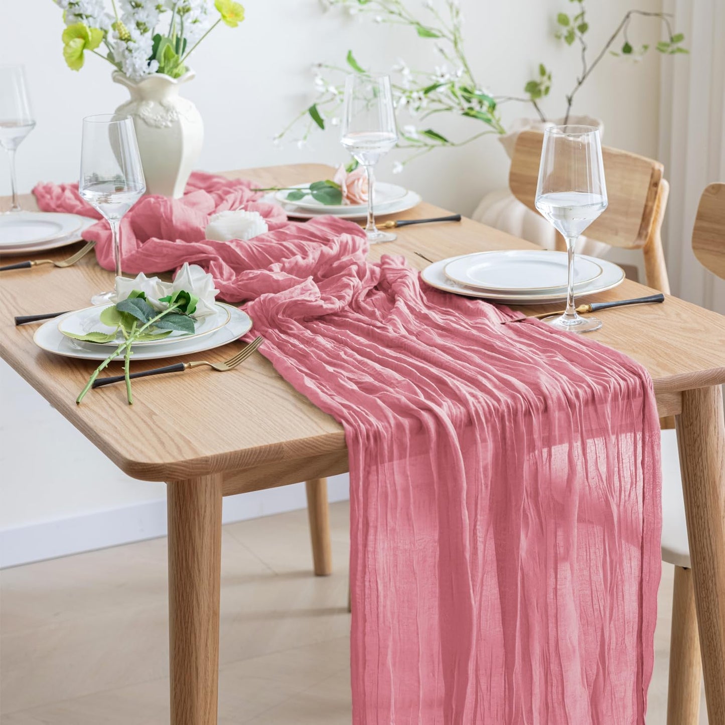 Asee'm 4pcs Cheesecloth Table Runner 120 Inches Dusty Rose Boho Gauze Cheese Cloth Runner 10FT Rustic Sheer Table Runners for Summer Wedding Baby Shower Holiday Party Decoration