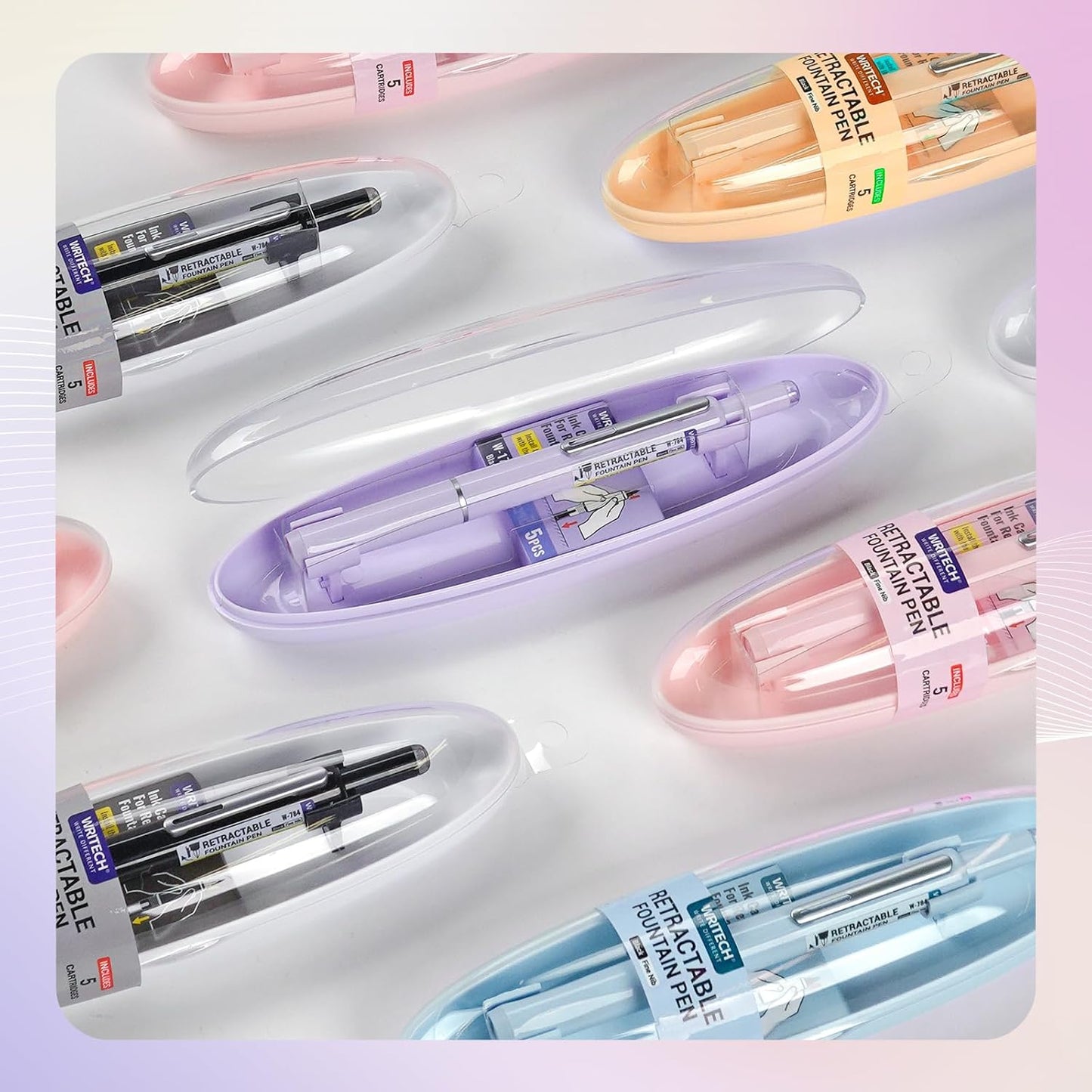 WRITECH Retractable Fountain Pen Set: Black Ink Fine Nib, 5 Refillable Ink Cartridges Included, No Leaking Smooth Writing for Calligraphy Journaling Gift (Pink)