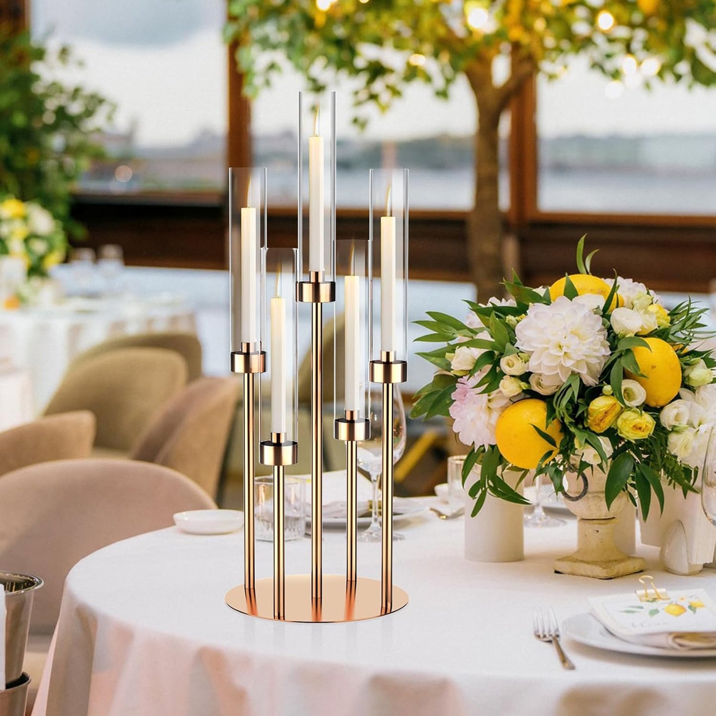 5 Arm Gold Candelabra Centerpieces for Table 4 Set Floor Candelabras Metal Candlestick for LED Candle 26'' Tall Candle Holders with Acrylic Lampshade for Wedding Party Fireplace
