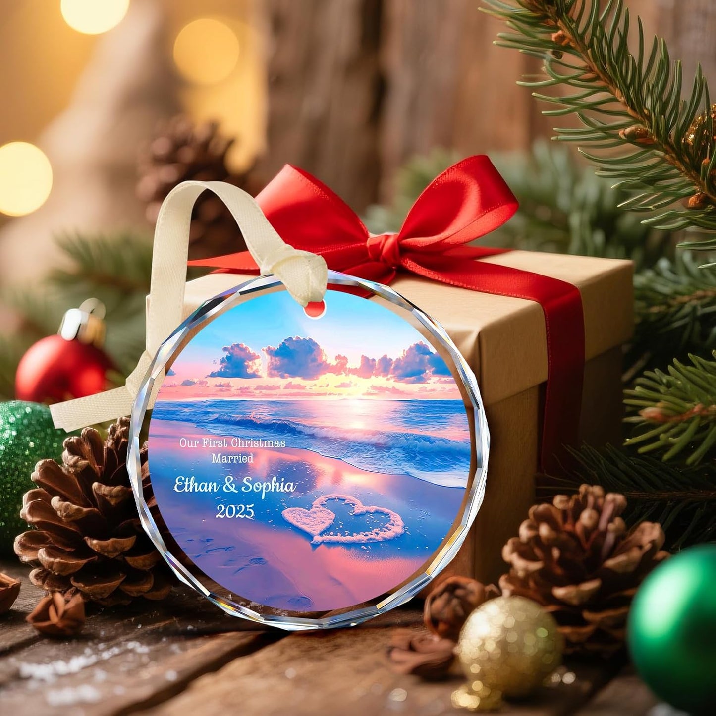 Our First Christmas Married Ornament 2025, Personalized Christmas with Custom Name, Date, Wedding Gifts, Newlyweds Keepsake for Him, Her, Couple