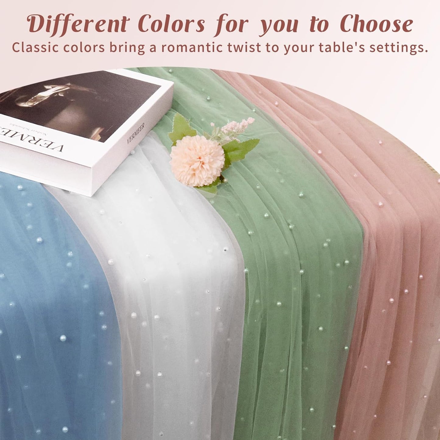 Pearl Table Runner 29 x 120 Inch Tulle Fabric Lace Table Runners Boho Rustic Tablecloth for Bridal Shower Birthday Party Wedding Arch Aisle Veil Dessert Table Decor(1 Pack, Dusty Pink)