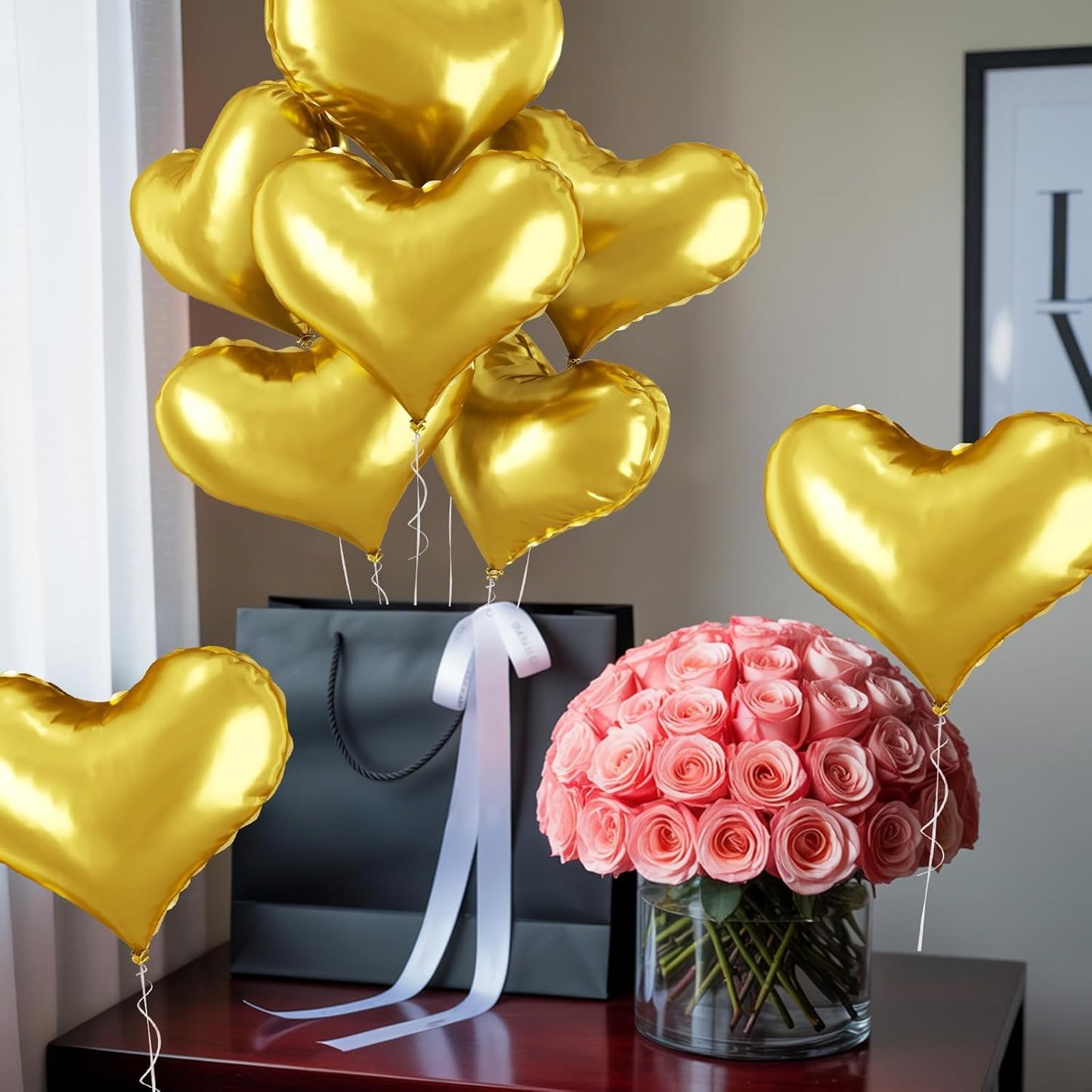 24 Inch Gold Heart Balloons, Prom Love Heart Balloons, Metallic Gold Helium Balloon for Valentines Day Bridal Shower Anniversary Wedding Birthday Party Decorations