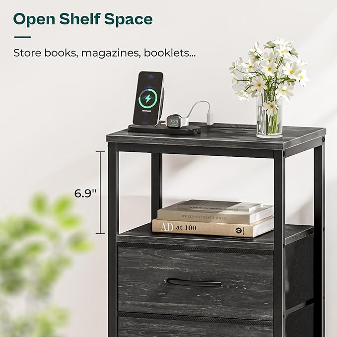 Huuger Nightstand with Charging Station, Fabric Drawers, End Table with Open - Image 8