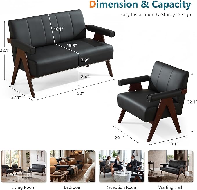STHOUYN Black Leather Loveseat Sofa and Accent Chair, Mid-Century Modern Office - Image 9