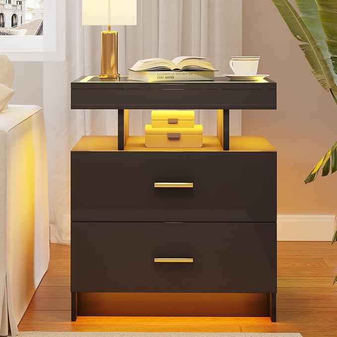 LED Nightstand with Wireless Charging Station, Glass Top Smart Bedside Table - Image 8