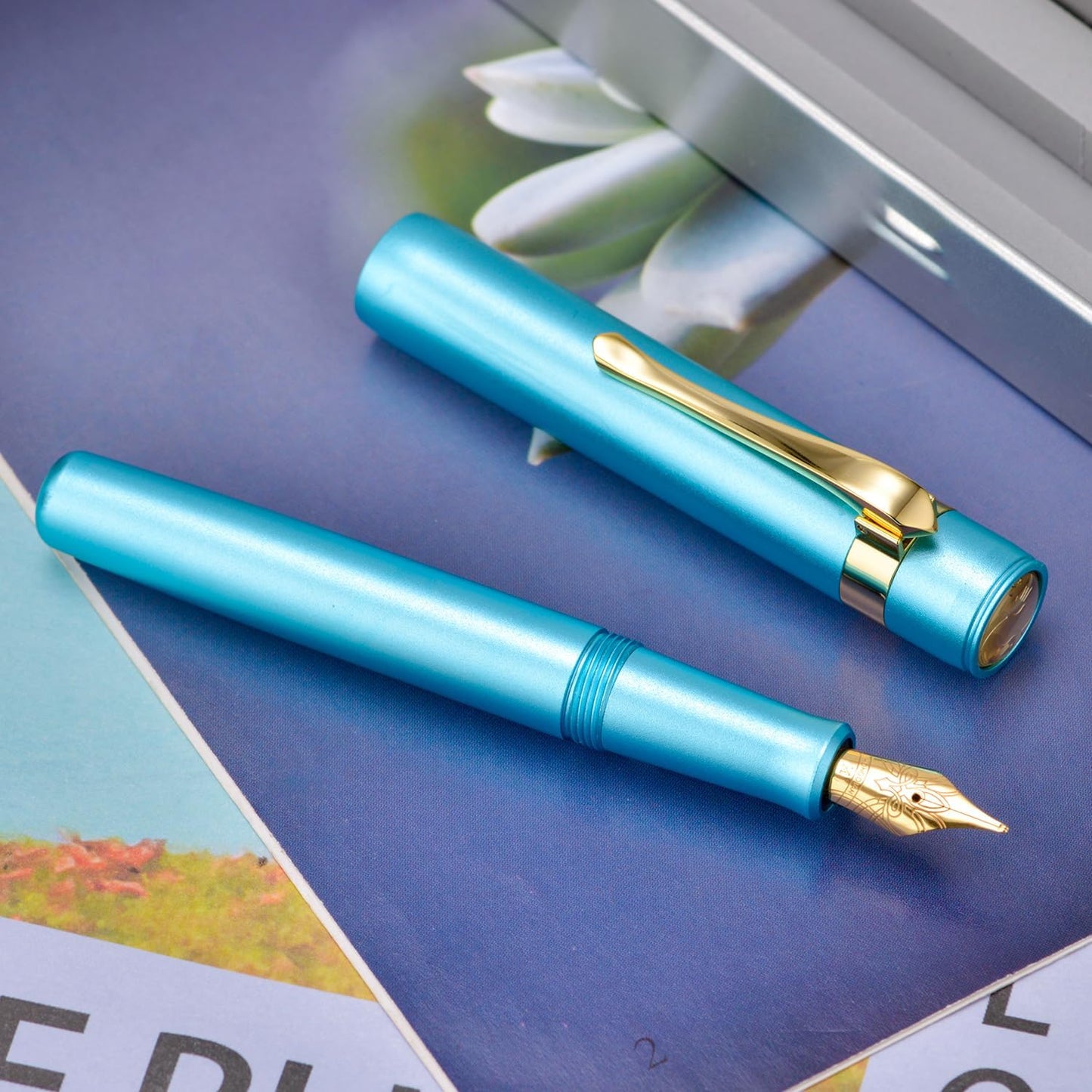 HONG DIAN M2 Black Forest Mini Fountain Pen, Long Blade Nib & Sleek Shape Aluminium Short Pocket Travel Pen (Lake Blue)
