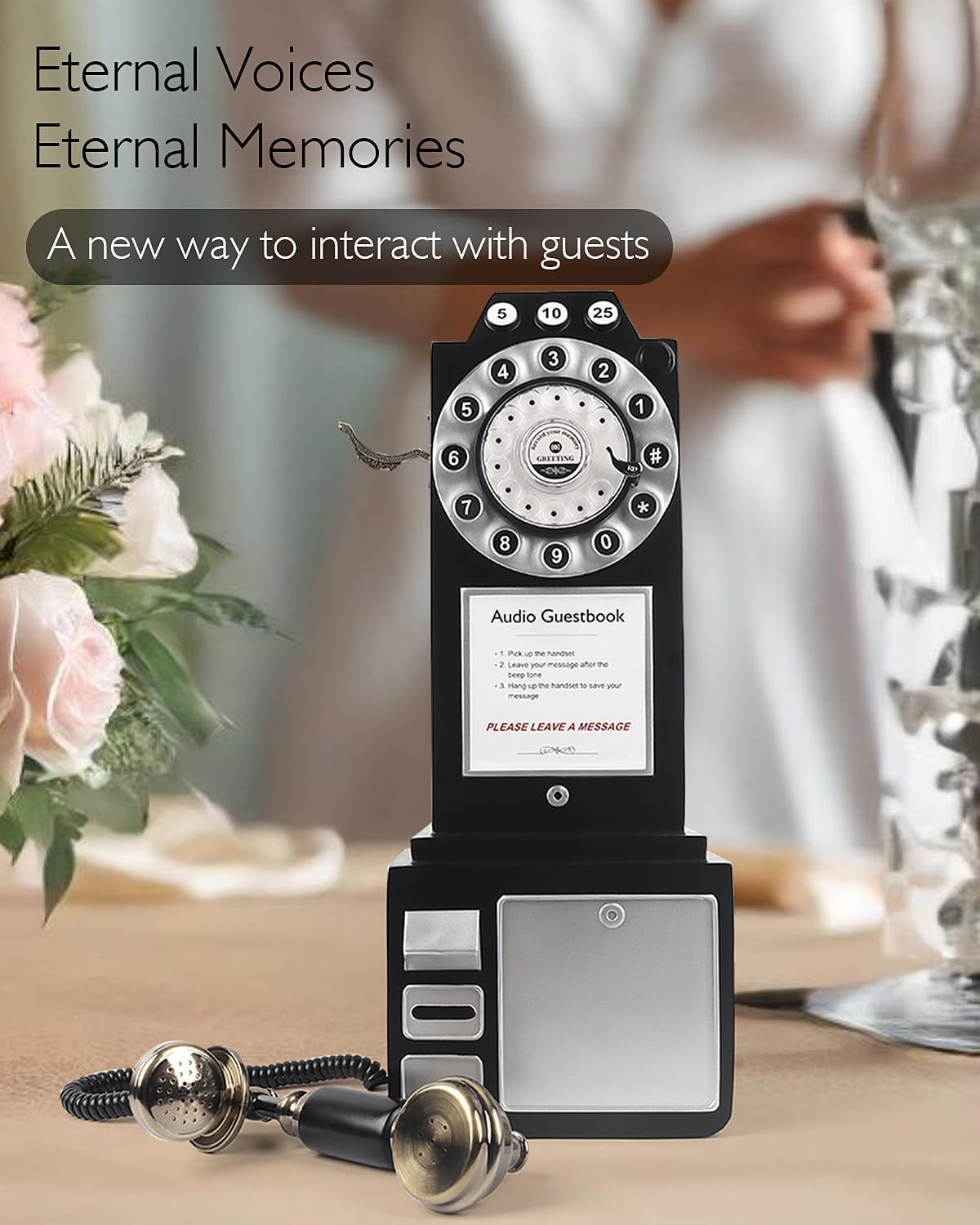 Audio Guest Book Wedding Phone with Vintage Design, Record Customized Audio Message Guest Book for Wedding, Party and Gathering, Black