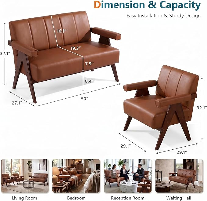 STHOUYN Brown Leather Loveseat Sofa and Accent Chairs Set of 2, Mid-Century - Image 8