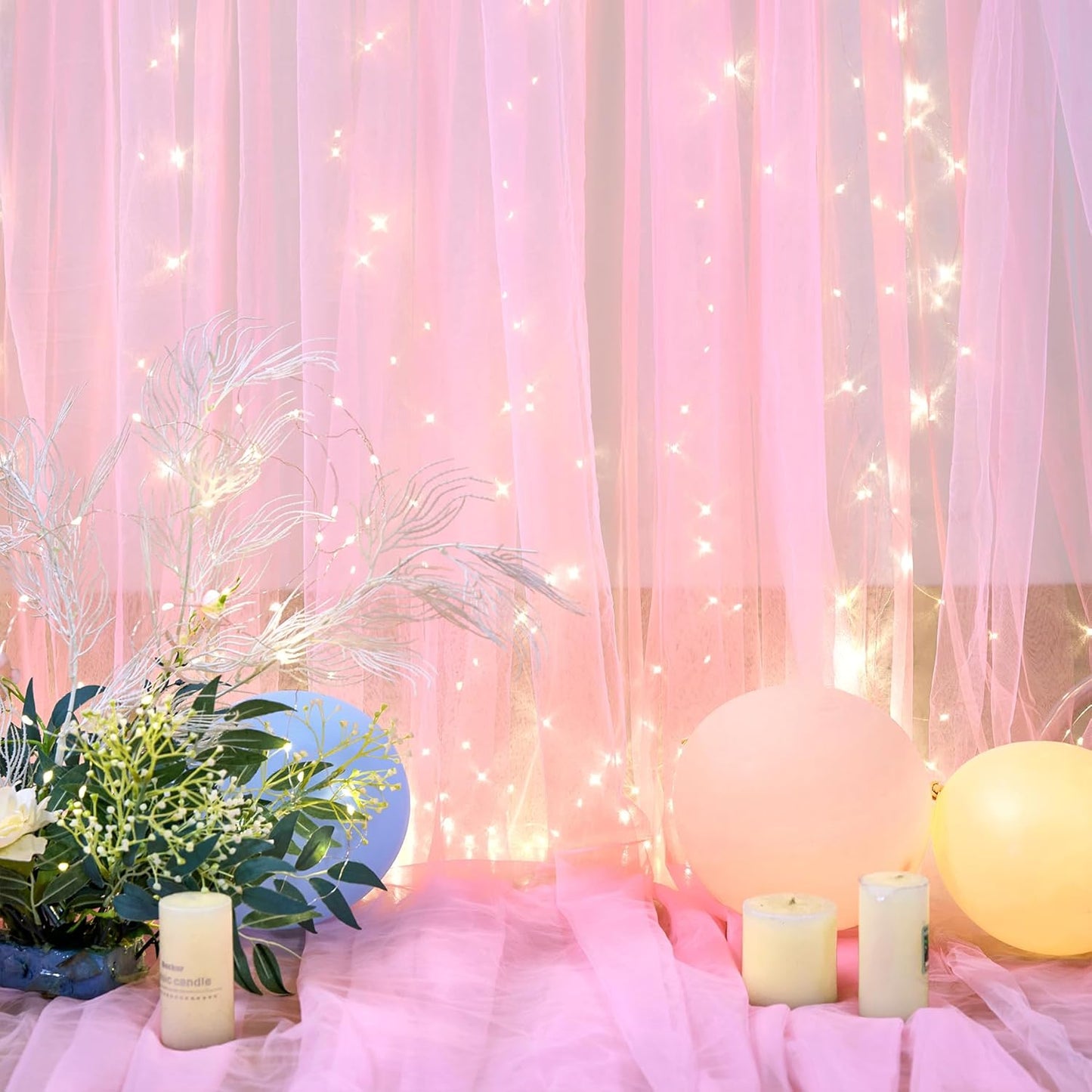20ft x 10ft Pink Tulle Photo Backdrop Curtain with Lights String for Baby Shower Sheer Baby Pink Curtain Backdrop for Birthday Party Wedding Photo Booth Photography Background Decorations