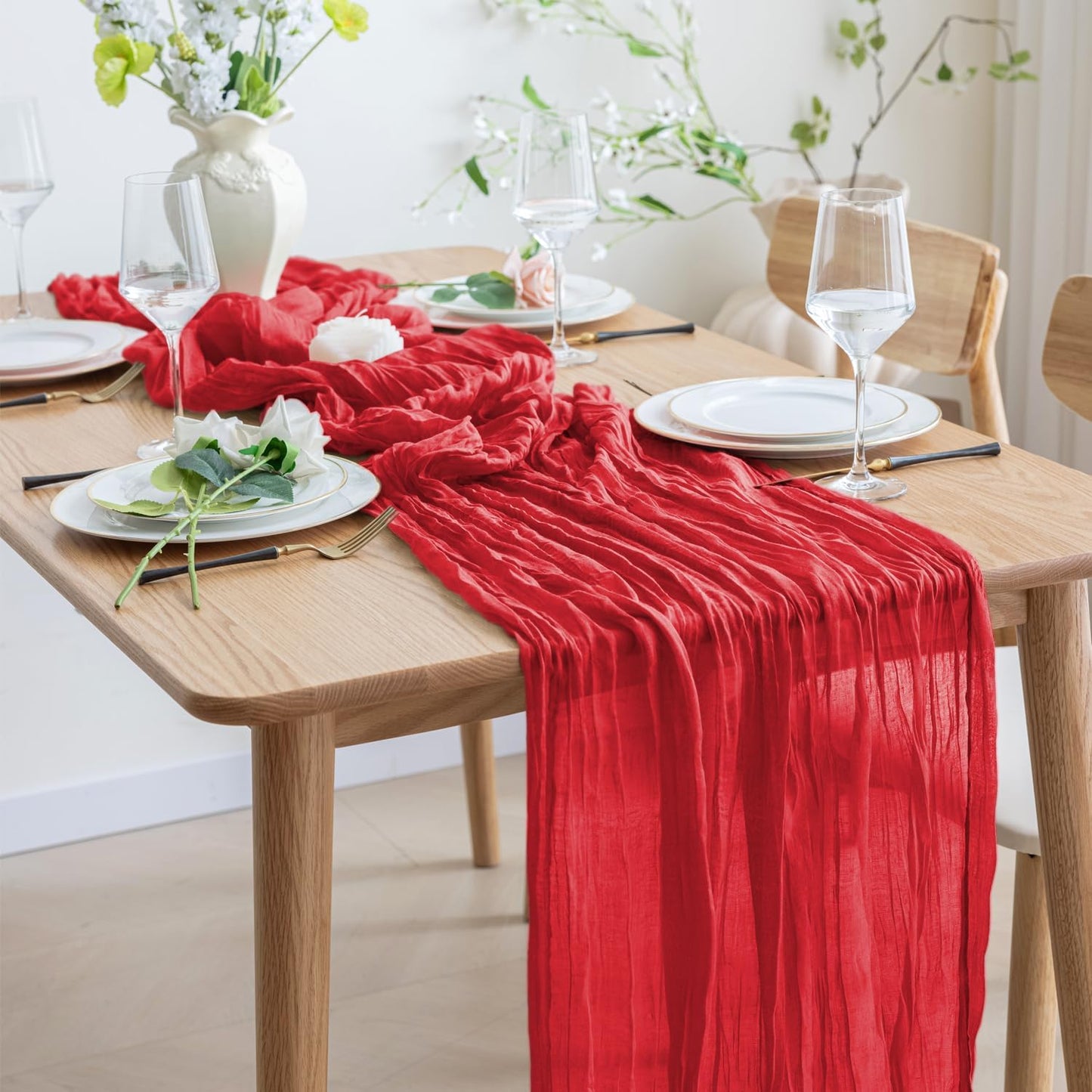 Asee'm 3PCS Fall Table Runner Cheesecloth 10FT Red Boho Gauze Fabric Rustic Sheer Cheese Cloth Runners for Thanksgiving Christmas Wedding Bridal Shower Party