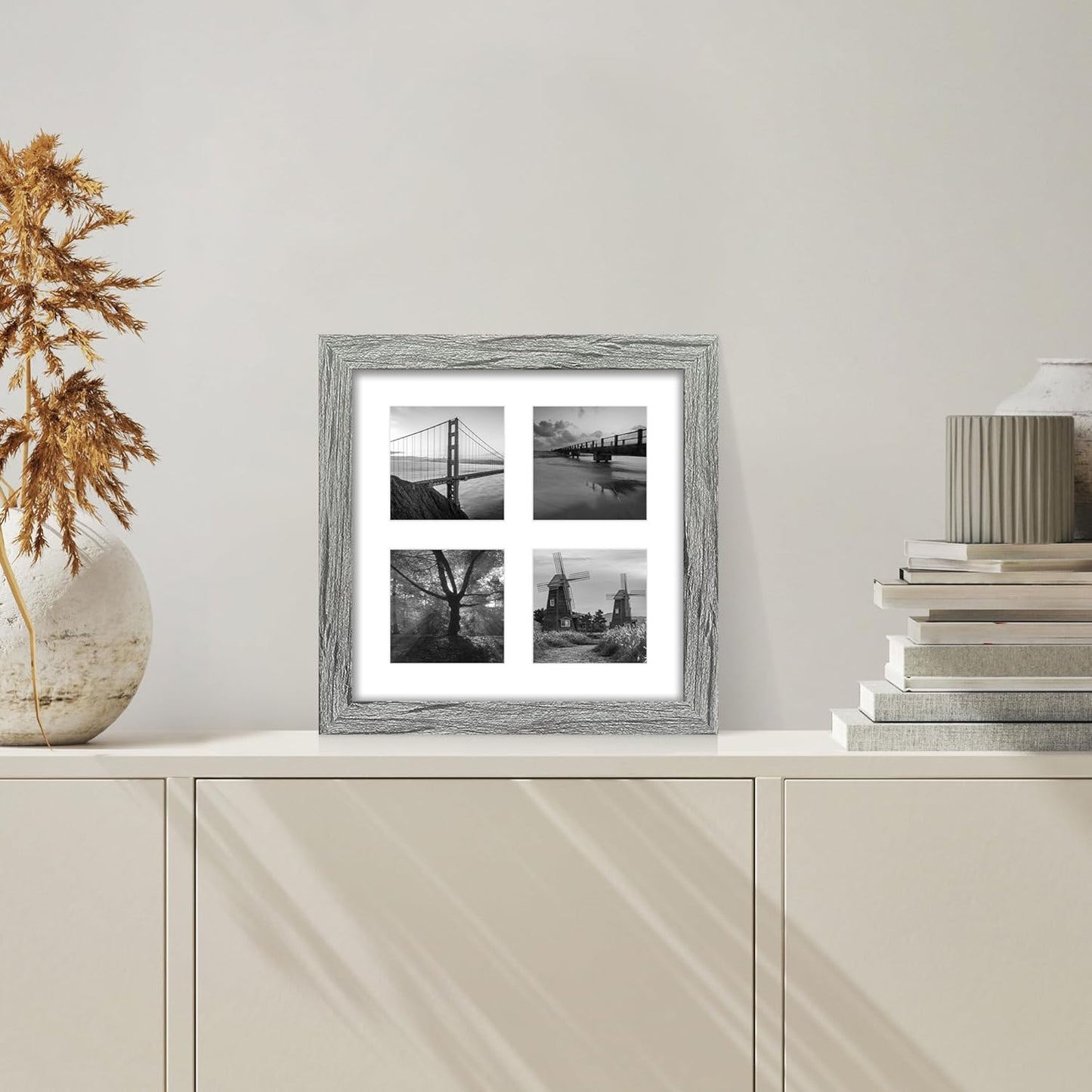 10x10 Picture Frame Set of 2, Real Glass and Grey Collage Frame, Display Pictures Four Opening 4x4 With Mat or 10 x 10 Without Mat for Wall Hanging or Tabletop