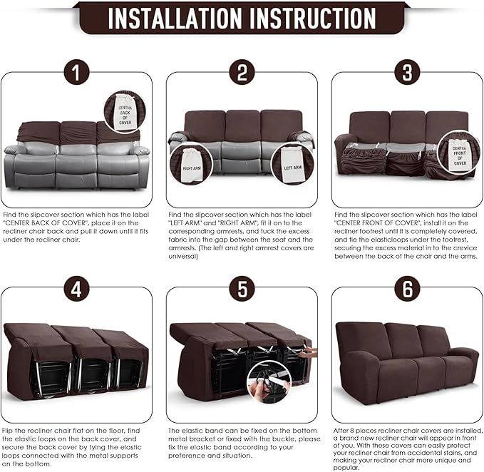 TAOCOCO Recliner Sofa Covers 8-Pieces Stretch Large Couch Covers - Image 6