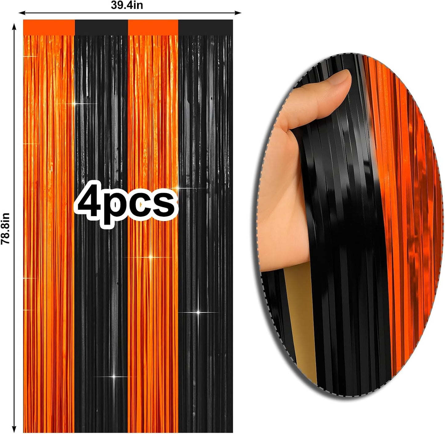 4 Packs Halloween Foil Fringe Curtain, Orange and Black Metallic Tinsel Backdrop for Birthday, Baby Shower, Bachelorette, Halloween Party Decorations Favors Supplies Indoor Outdoor