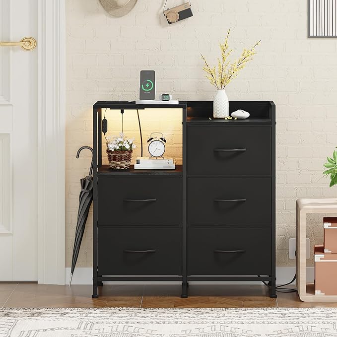 Somdot Black Nightstand with Charging Station and LED Light, Wide 5 Drawers - Image 9