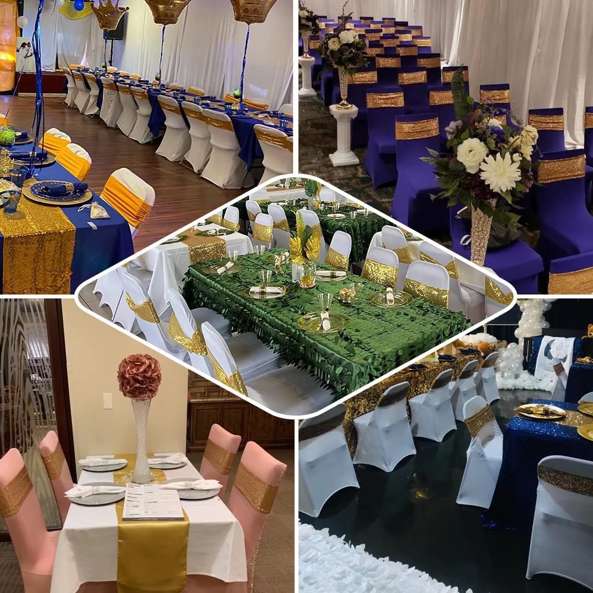 Chair Sashes Sequin Stretch Chair Bands Dark Green Spandex Polyester Bows for Party Hotel Wedding Banquets Decoration - 6 Pcs Hunter Emerald Green